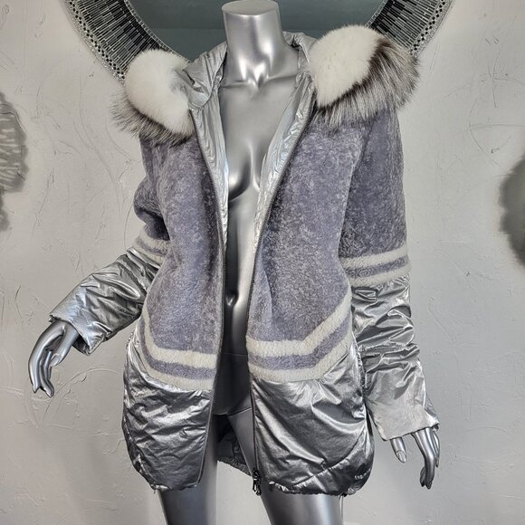 MITCHIE'S~M/L~SILVER GRAY GENUINE SHEARLING REAL FOX FUR HOODED PARKA COAT - Picture 11 of 16